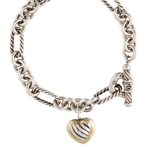 David Yurman Sterling Sliver with 18K Yellow gold heart charm bracelet - Picture 1 of 10
